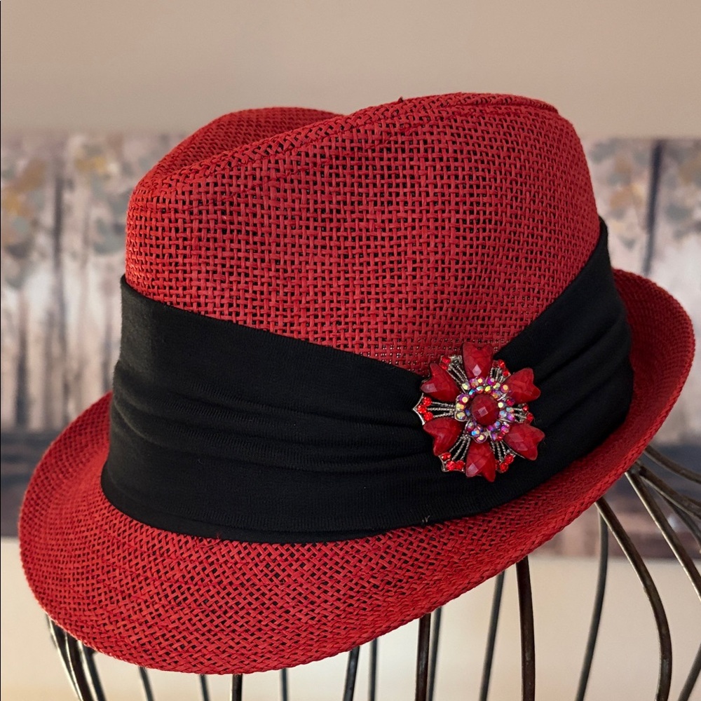 NEW The Hatter Company Red Woven Fedora Black Band Blingy Brooch One Size